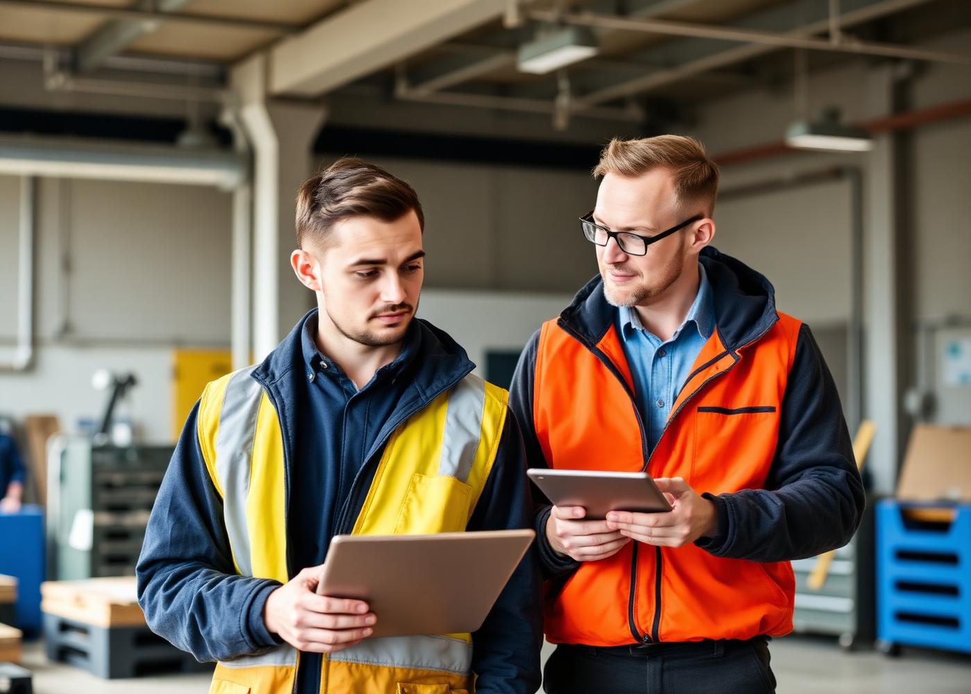 An apprentice being mentored by a manager in a modern workshop